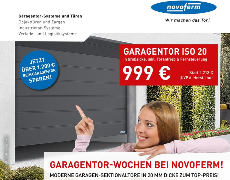 Moderne Garagentore in 20mm Dicke gibt es zum Sparpreis schon ab 999 Euro (ohne Lieferung, Montage)
